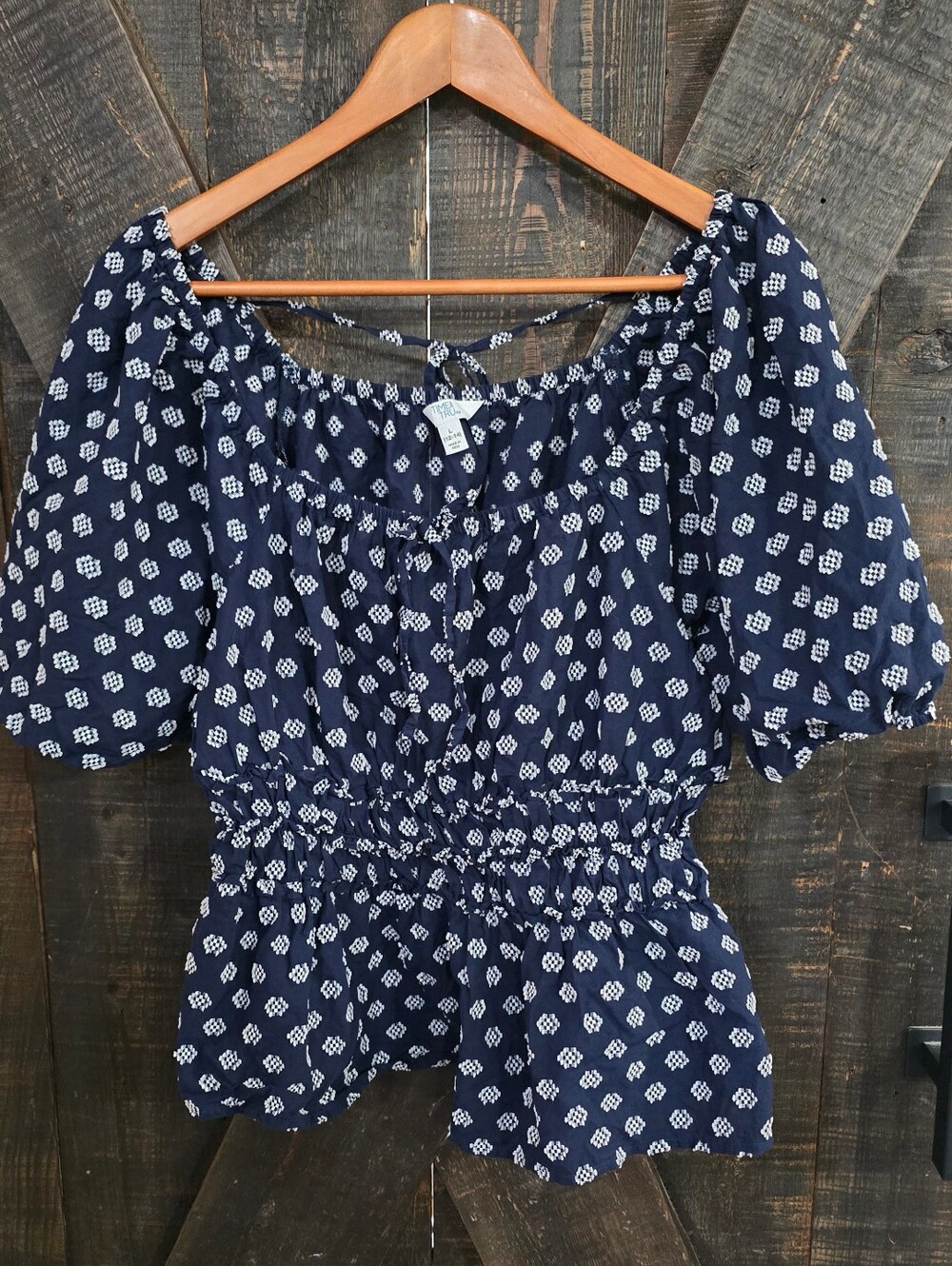 Navy Blue Printed Smocked Waist Peasant Top Size Large